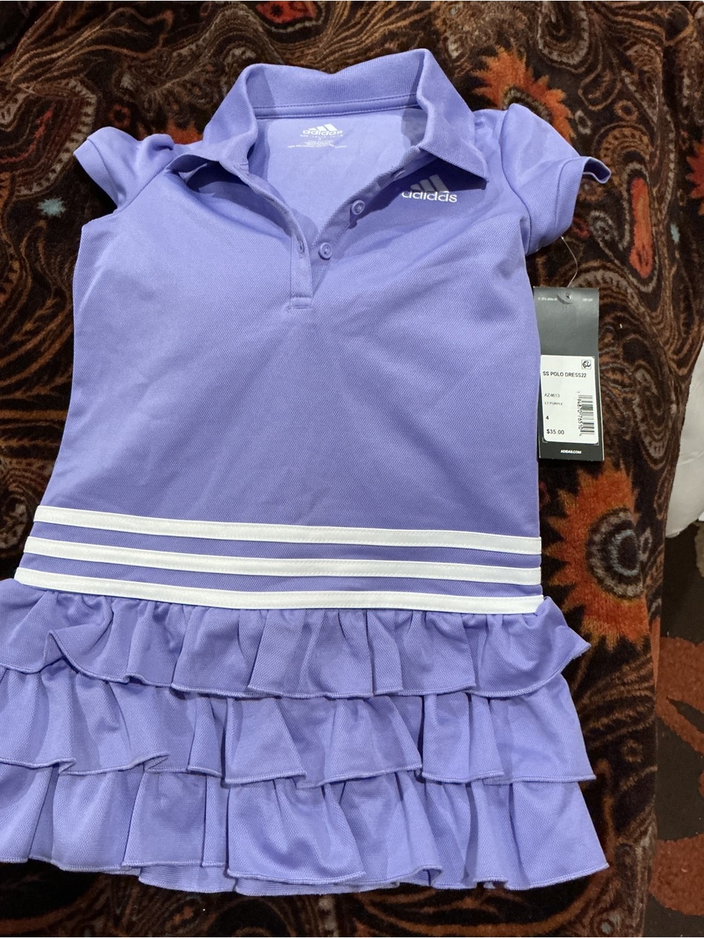 adidas Lavender Girls Polo Dress with White Waist Stripes